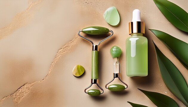 skincare essentials with jade roller and serum on beige stone background