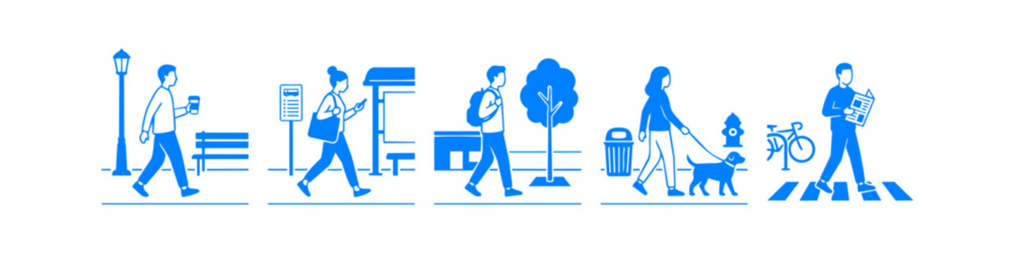 Blue minimalist vector set of people in a city environment: walking with coffee, using a phone at a bus stop, commuting with a backpack, walking a dog, and crossing a street.
