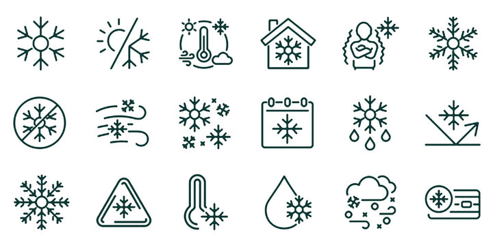 Set of 18 outline icons related to snowflake. Linear icon collection. Editable stroke. Vector illustration