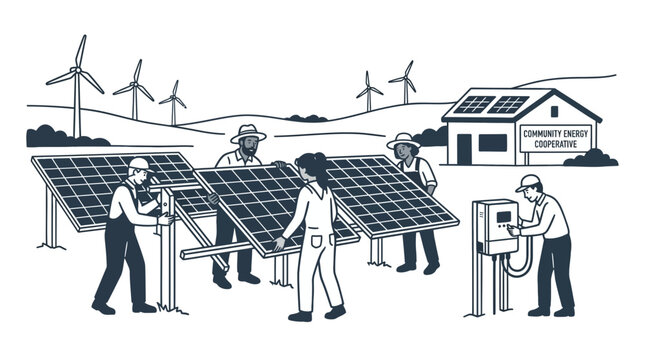 Group of workers installing solar panels and renewable energy equipment in a field.