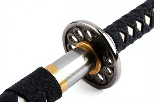 Close up detail of Japanese katana sword tsuba guard with silk wrapped handle. Sharp steel blade gleams against white backdrop. Traditional asian weapon.