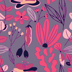 Elegant seamless pattern with stylized hand-drawn flowers and foliage. A moody, sophisticated botanical print for luxury textiles, fashion, and decor. © deepika