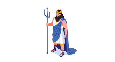 Fototapeta premium God of the sea figure like Neptune or Poseidon holding a trident while wearing a blue cape and a golden crown.