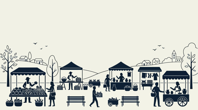 Illustration of a local farmers market with various vendor stalls and shoppers.