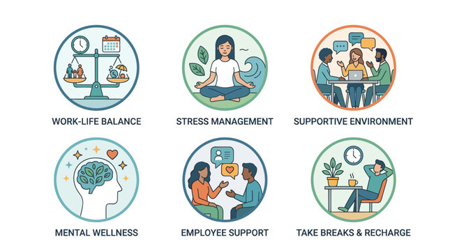 Mental Health at Work Flat Vector Wellness Icon Set