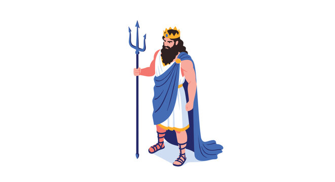 God of the sea figure like Neptune or Poseidon holding a trident while wearing a blue cape and a golden crown.
