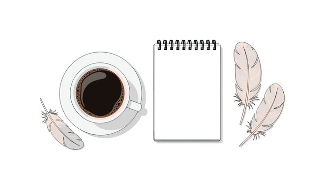 A pristine white notepad and a cup of black coffee are artfully arranged with elegant grey and light pink feathers on a minimalist white background.