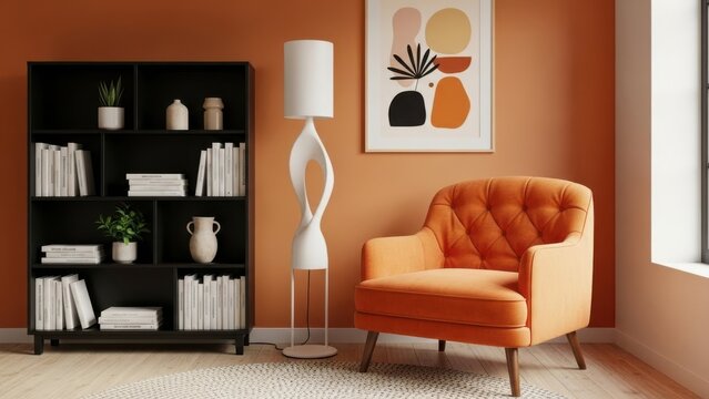 Cozy reading corner with orange chair