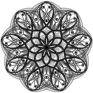 Symmetrical black and white raster illustration featuring mystical eyes and intricate patterns. This sacred geometry mandala is perfect for esoteric designs, spiritual branding, tattoos, and adult col