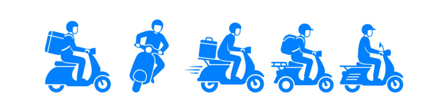 Set of blue delivery courier icons on motor scooters. Professionals wearing helmets with thermal bags and backpacks for fast shipping, logistics, and food service business concepts.