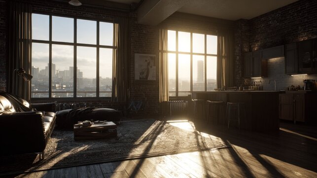 Sunlight streams dramatically through large factory style windows illuminating an upscale metropolitan apartment interior.
