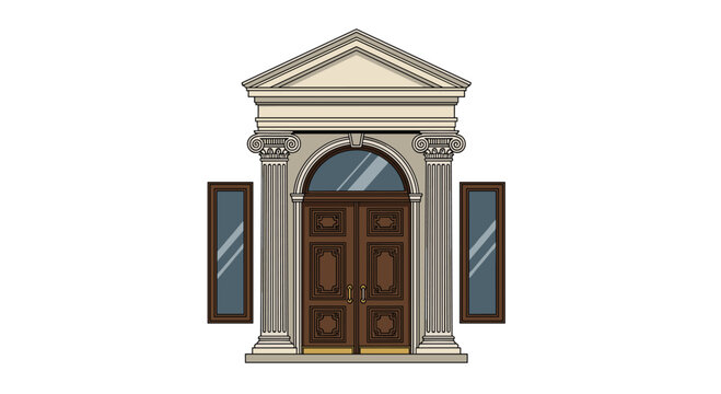 A grand architectural entrance showcases a decorative pediment and arched transom window above dark wooden doors flanked by fluted stone columns.