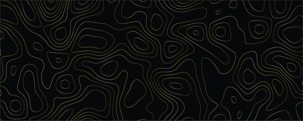 Gold topographic map contour lines pattern on a solid black background representing elevation data and geographical terrain mapping in a minimalist style © VxGFX
