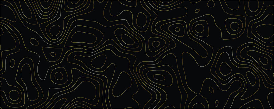 Gold topographic map contour lines pattern on a solid black background representing elevation data and geographical terrain mapping in a minimalist style