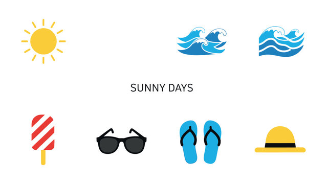 Sunny Days Collection: A collection of vibrant icons capture the essence of sunny days, featuring the sun, waves, popsicle, sunglasses, flip-flops, and a hat