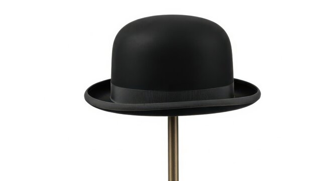 A classic black bowler hat resting on a simple display stand against white