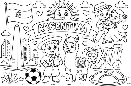 Argentina cartoon outline hand drawn Line Art illustration doodle art coloring page for kids