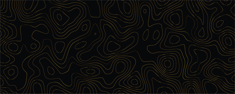 Gold topographic map contour lines on a solid black background representing elevation patterns and geographical terrain mapping data in a minimalist style