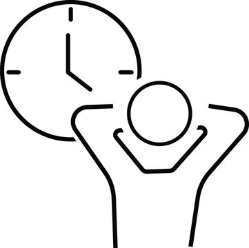 Taking a break. Time management relaxation icon. Vector thin line illustration with editable stroke showing stress free routine, calm scheduling. Person relaxing with clock.