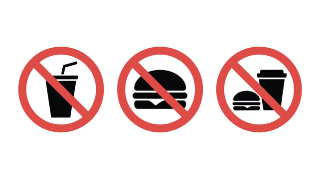 Prohibition sign vector illustration set featuring no food and no drinks icons for public and commercial signage design.