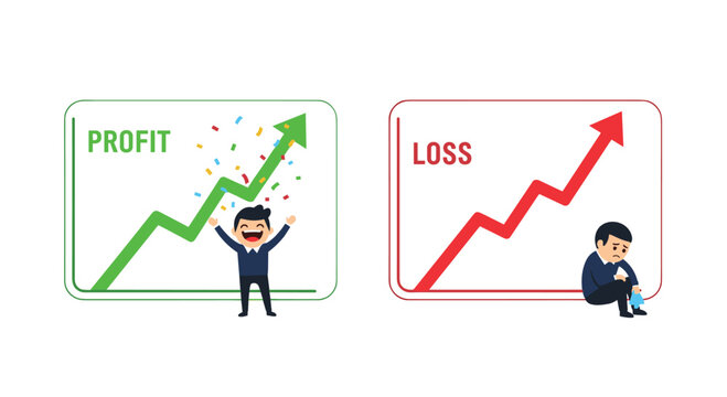 A comparative illustration displays a joyful businessman celebrating financial profit and a devastated man mourning a significant monetary loss today.