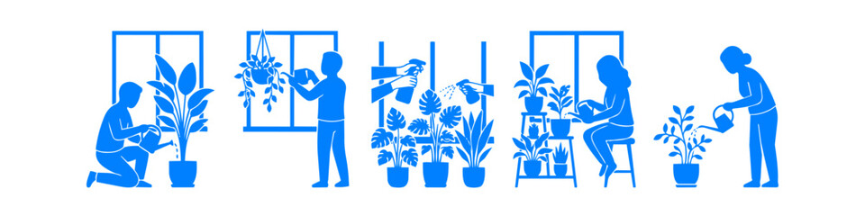 Blue silhouette icons of people watering and caring for indoor plants by windows. Minimalist design for home gardening, plant care, sustainability, and urban lifestyle themes. © Nort Kor