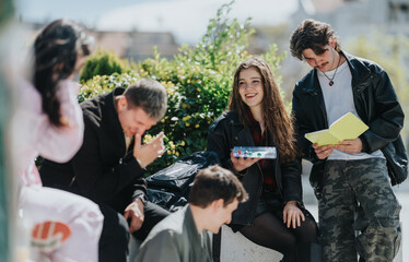 Fototapeta premium A group of high school friends and students sit together studying and laughing outdoors. Peers share a notebook and conversation while relaxing on a campus courtyard.