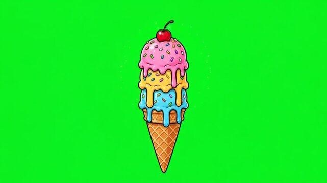 Triple Scoop Ice Cream Cone Bouncing with Drips Green Screen Animation Summer Dessert Asset