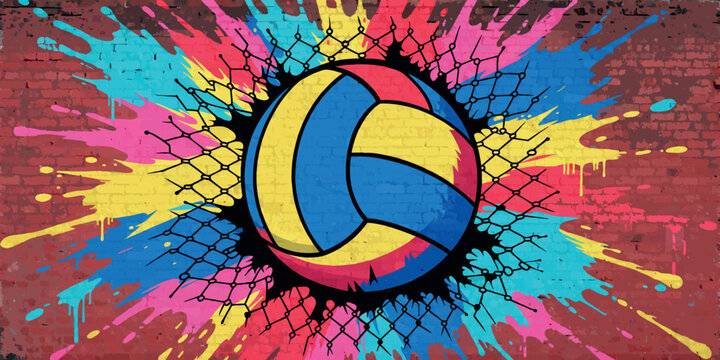 Volleyball Popart Graffiti Vector Explosion, Urban Brick Wall Design
