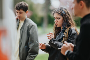 A group of high school students and friends smoking and talking outside. Young classmates share a cigarette during a casual outdoor break. © qunica.com