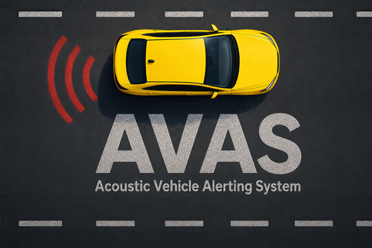 Top view of yellow car on AVAS Acoustic Vehicle Alerting System marking