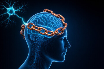 Obraz premium Blue brain with a chain around the skull medical illustration
