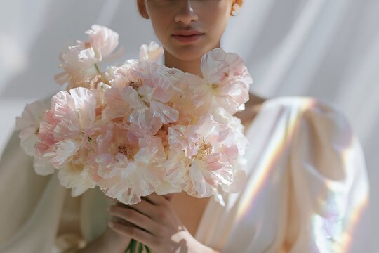 Bride holding an opalescent bouquet of soft pink flowers, wearing a flowing gown with dramatic sleeves, illuminated by soft natural light against a light background