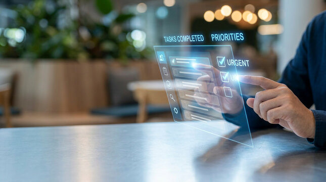 Hand interacting with futuristic digital dashboard interface on tablet