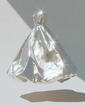 Chrome metallic ghost mannequin dress floating against a minimalistic background, showcasing a high-fashion editorial style with reflective surfaces and dramatic lighting