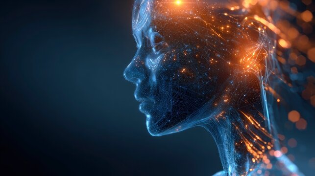 Digital silhouette of a human face formed by glowing fiber optic threads, abstract representation of artificial intelligence and data networks.