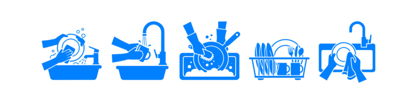 Blue vector icons showing the dishwashing process: scrubbing pans, rinsing cups, washing plates, drying with a towel, and a dish rack. Ideal for kitchen maintenance and cleaning concepts.