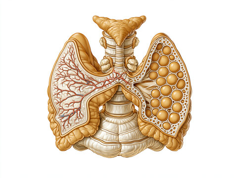 Human thyroid gland anatomy illustration showing bilobed thyroid architecture isthmus parathyroid glands tracheal connection and vascular network in warm amber gold tones on white background