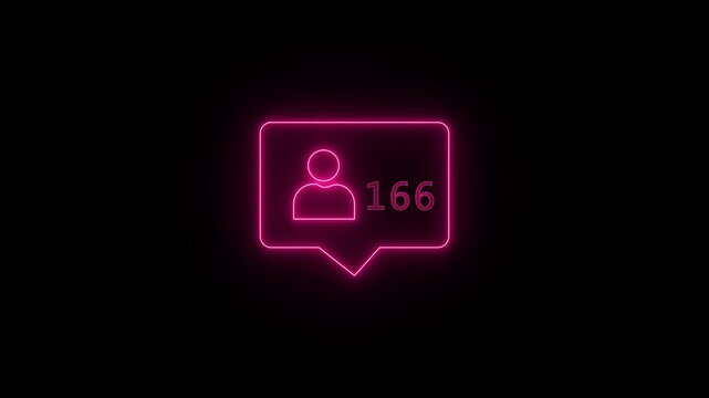 A motion graphic animation of a glowing pink neon social media follower notification icon and count increasing over a black background