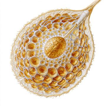 Human ovarian follicle anatomy illustration showing cellular cluster architecture with central oocyte granulosa cells theca layers and follicular development in warm amber gold tones on white backgrou