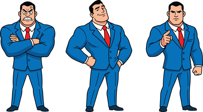Cartoon Character of a Strong Man in Blue Suit with Different Poses for Business, Power, and Leadership Illustrations