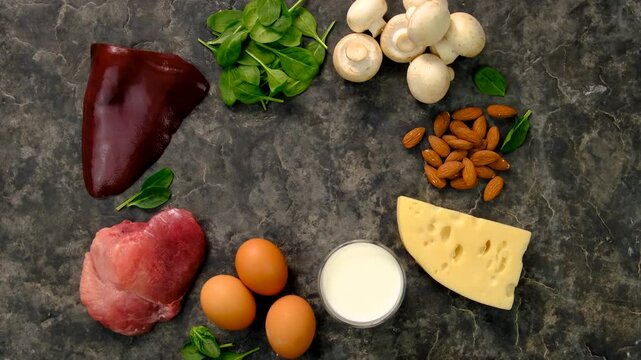 Foods that contain vitamin B2. Selective focus.
