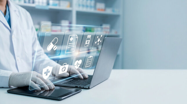 Pharmacist using digital tablet for medication management in modern pharmacy