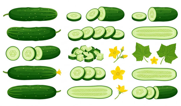 Fresh cucumber vector set with slices flowers and leaves isolated on white