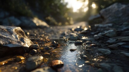 Fototapeta premium Stream rocks sunlight closeup