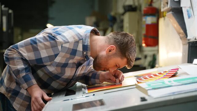 Graphic designer checking print quality with magnifying glass