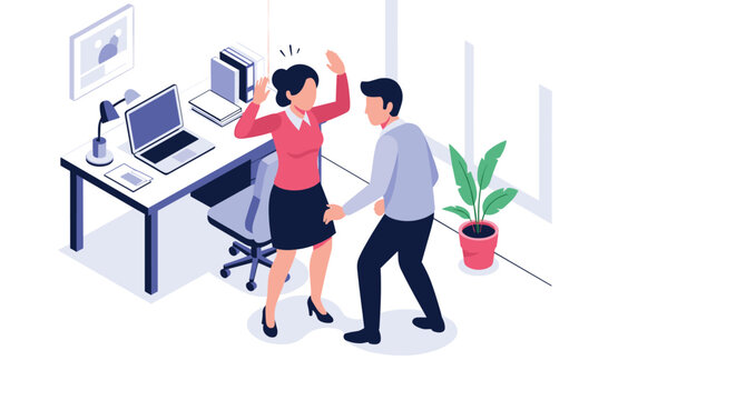 Uncomfortable workplace situation showing a man making inappropriate advances towards a female colleague in a modern office setting.
