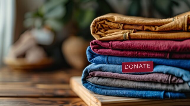 Stack of colorful folded denim jeans and clothing with a donate label, preparation for clothing donation and charity sustainability.