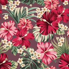 Vector seamless pattern Exotic wallpaper of tropical flowers green leaves of palm trees and flowers bird of paradis, hibiscus, artwork for fabrics, souvenirs, packaging, greeting cards   © Aglaia