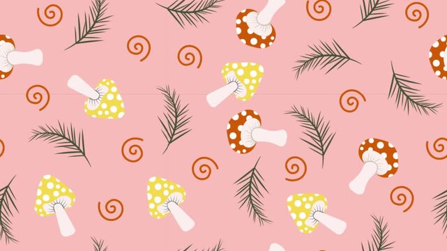 Animated mushroom seamless pattern video with cute botanical illustration for creative motion backgrounds.